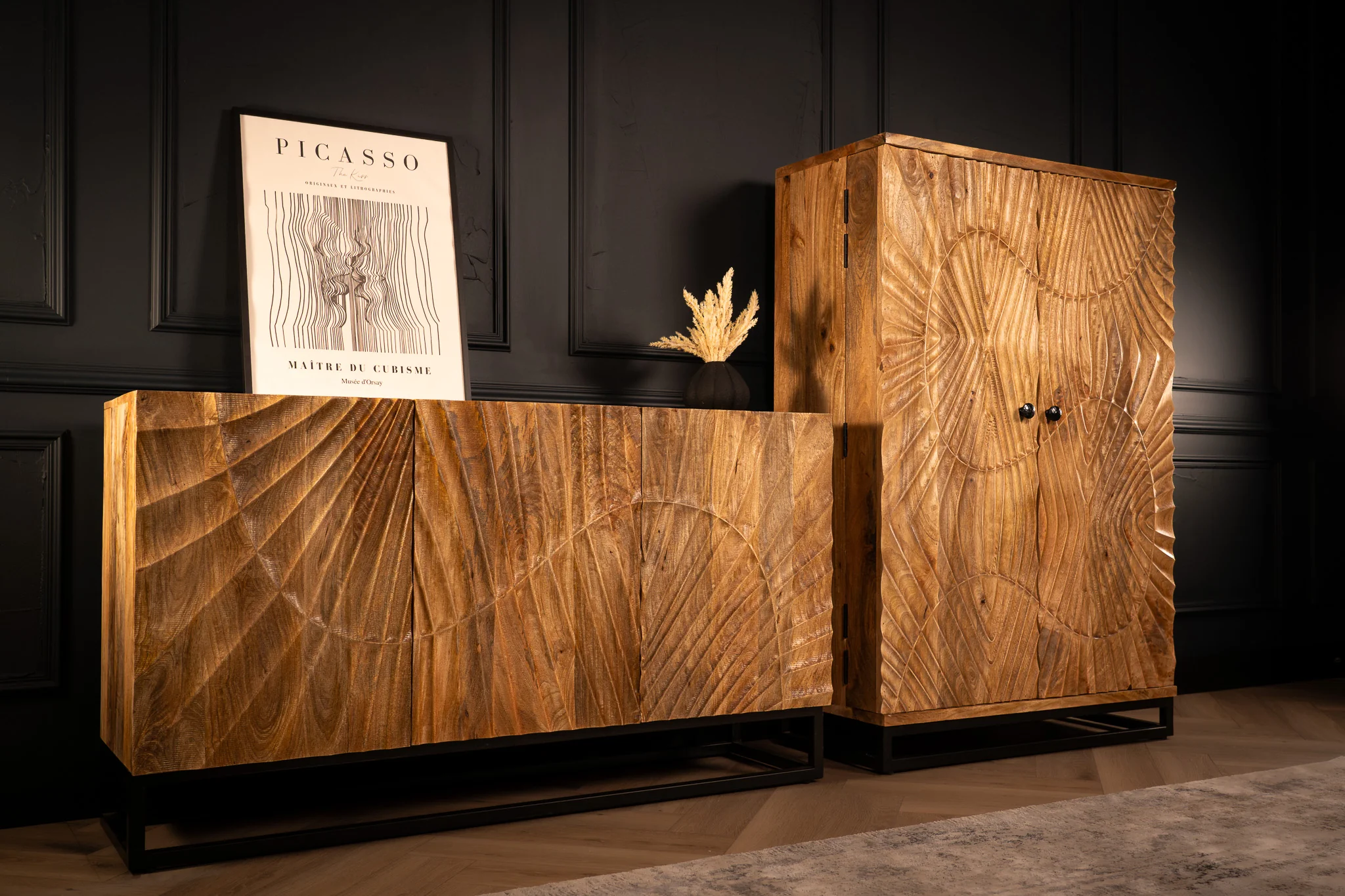 Solid Mango Wood Bar Cabinet 141 cm with 3D Carved Front in Natural Brown – Scorpion - Image 11
