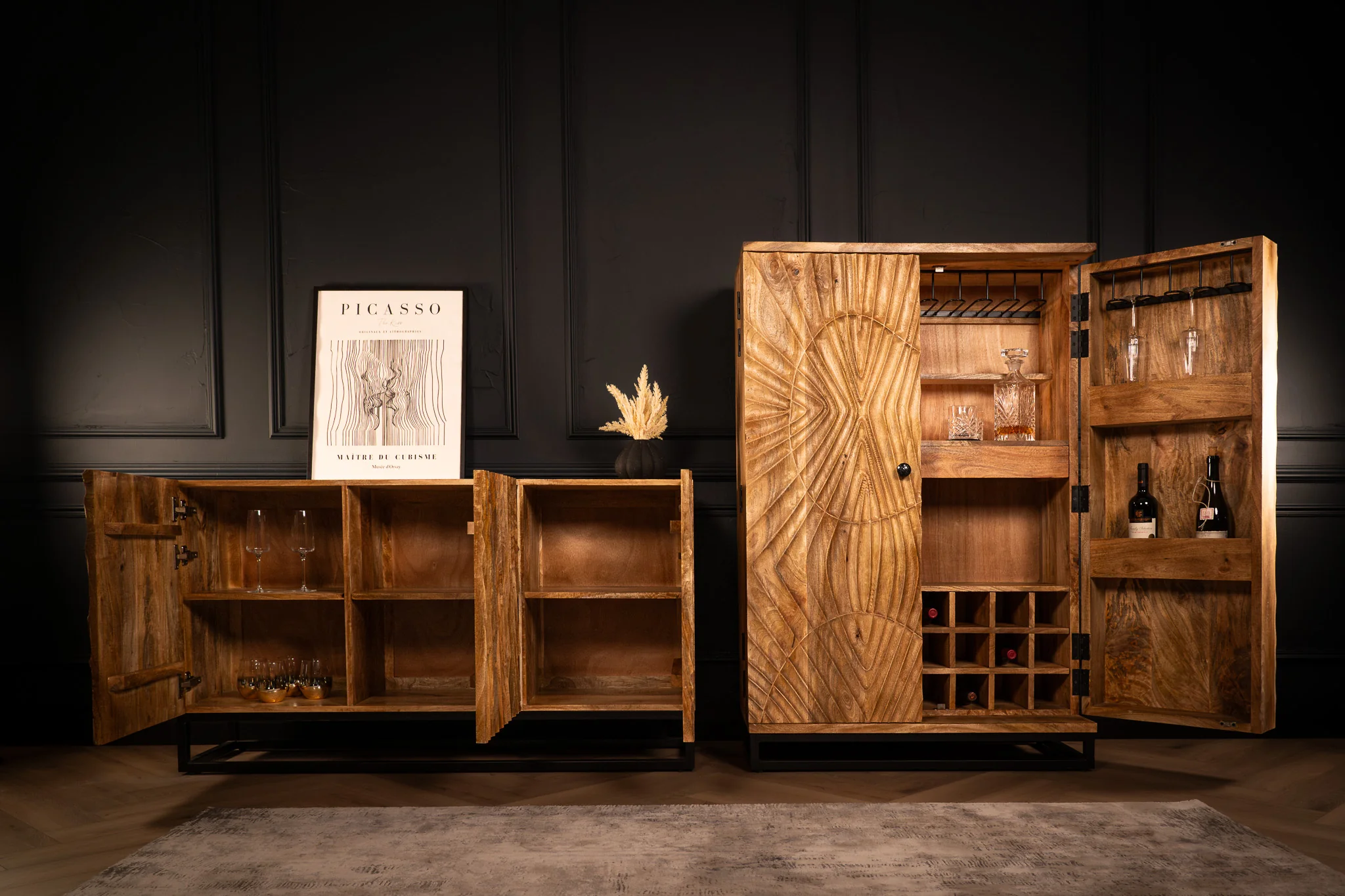 Solid Mango Wood Bar Cabinet 141 cm with 3D Carved Front in Natural Brown – Scorpion - Image 12