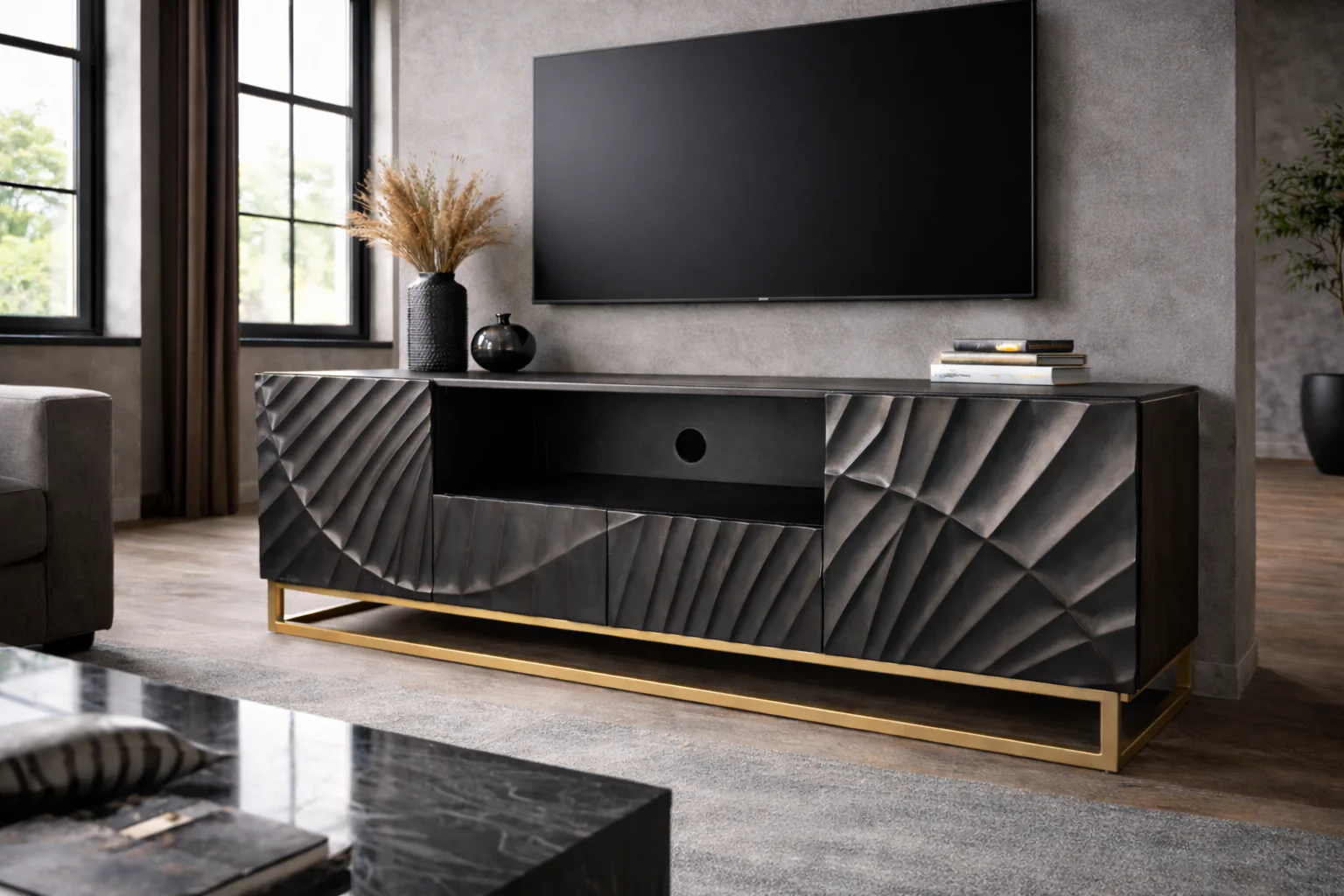 Solid Mango Wood TV Unit 180 cm with 3D Carved Front in Black – Scorpion - Image 2