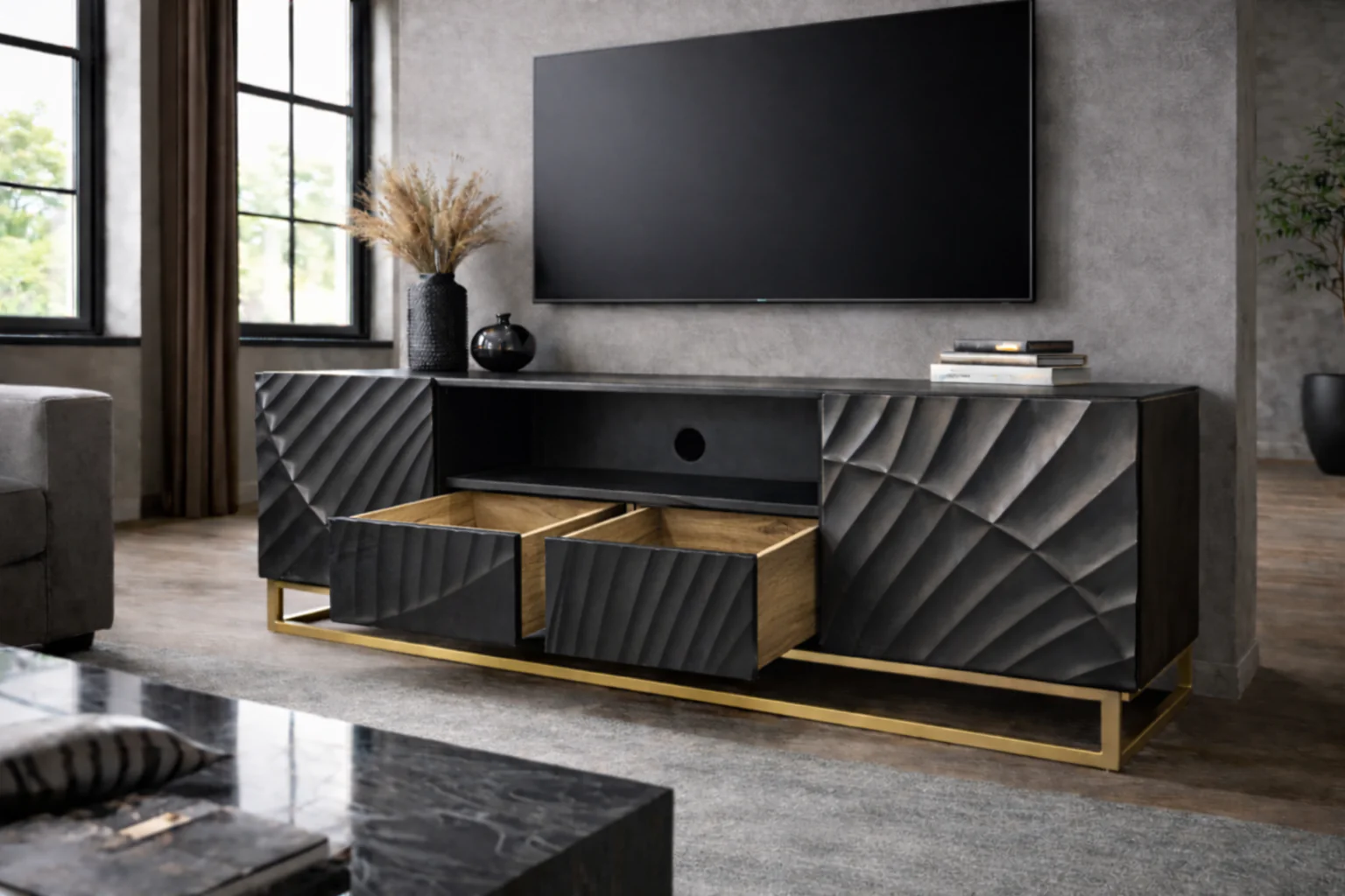 Solid Mango Wood TV Unit 180 cm with 3D Carved Front in Black – Scorpion - Image 3