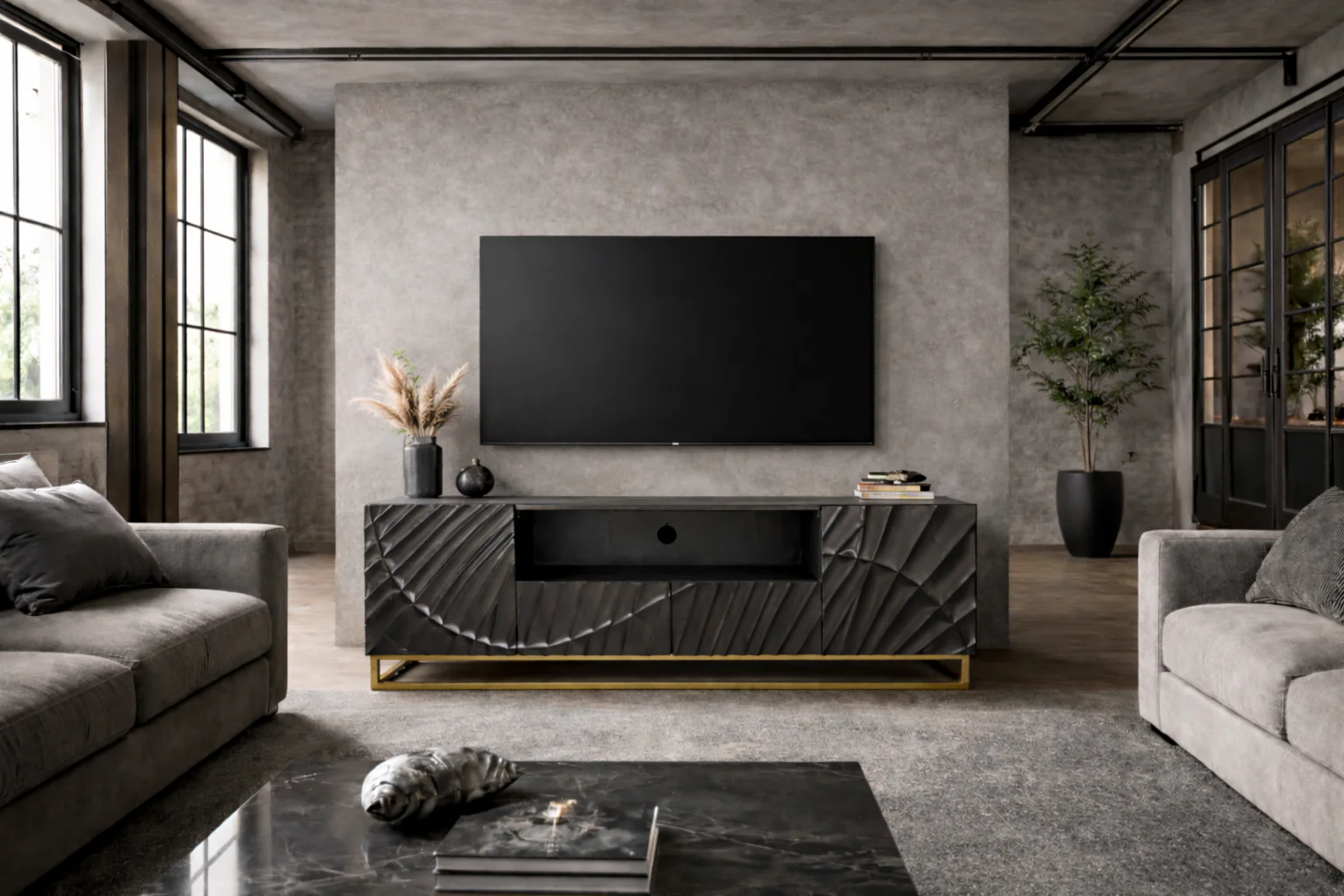 Solid Mango Wood TV Unit 180 cm with 3D Carved Front in Black – Scorpion - Image 4