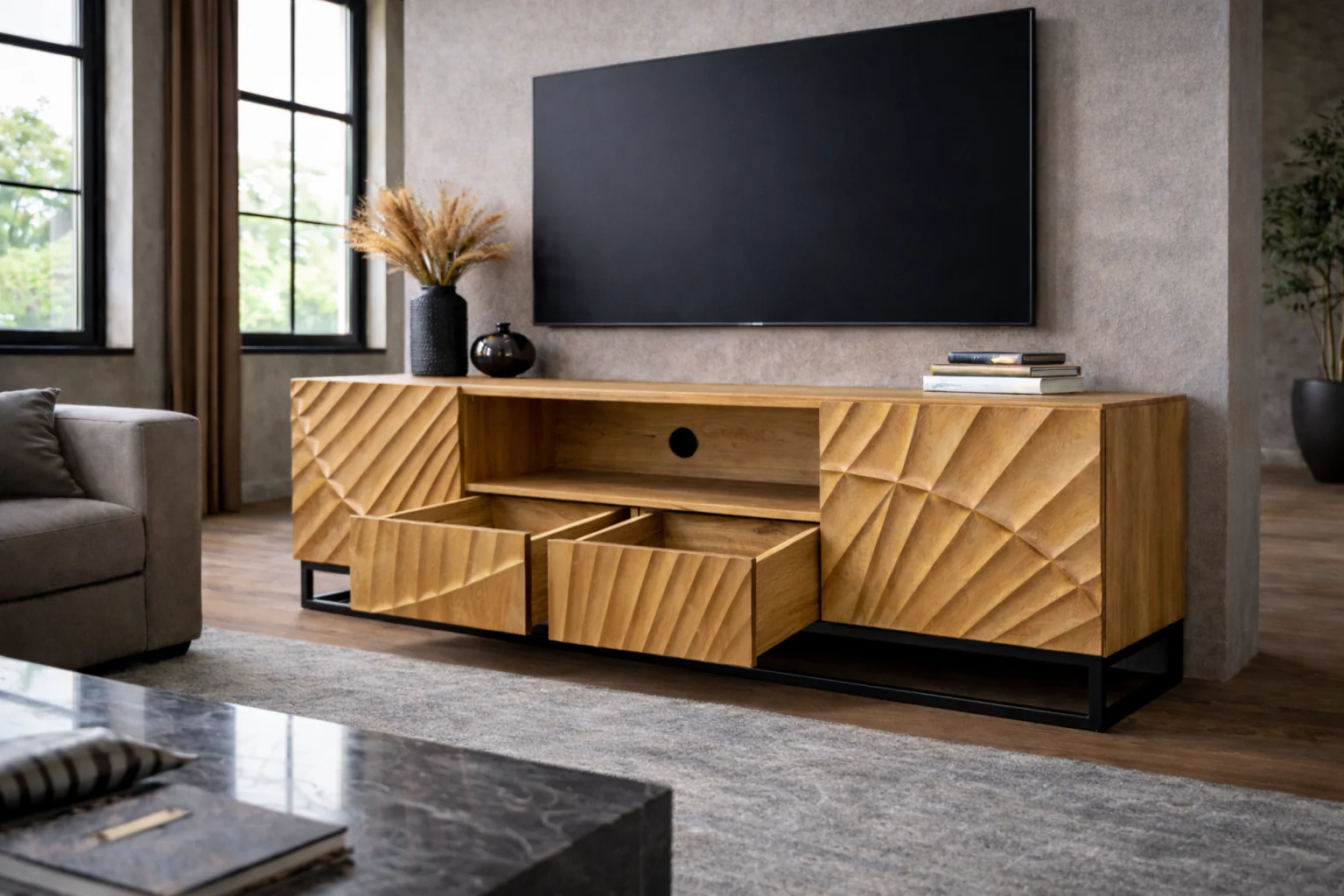 Solid Mango Wood TV Unit 180 cm with 3D Carved Front in Natural Brown – Scorpion - Image 3