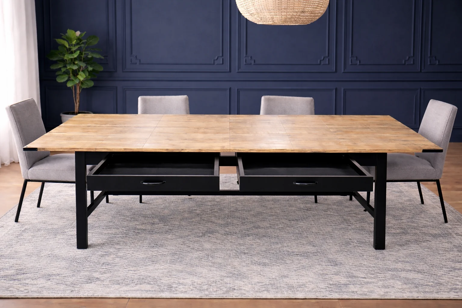 Extendable Dining Table with Drawers in Solid Mango Wood 200-280 cm – Metal Frame – Mason - Image 2