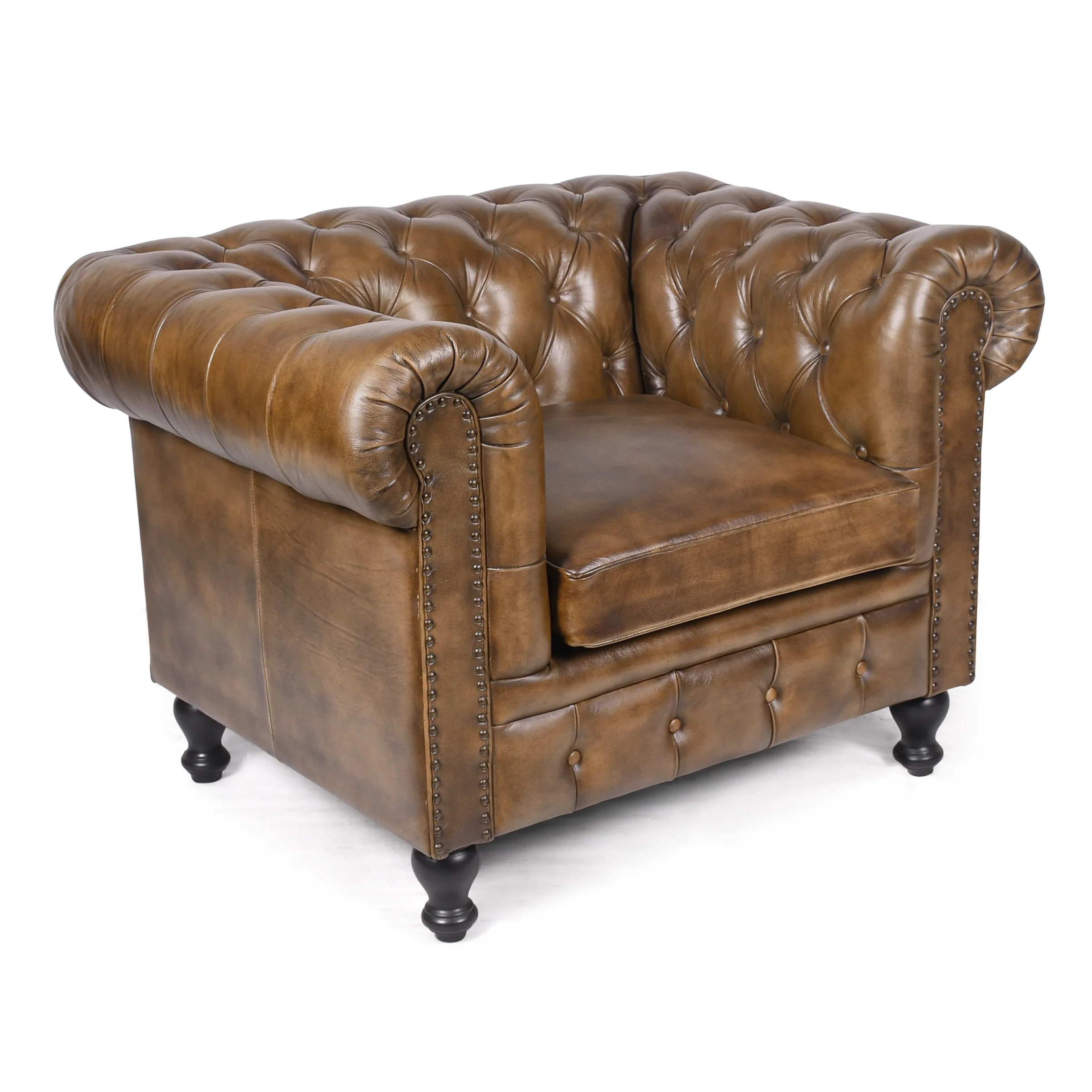 Chesterfield Genuine Leather Armchair Antique Brown with Black Legs – Stratford - Image 3