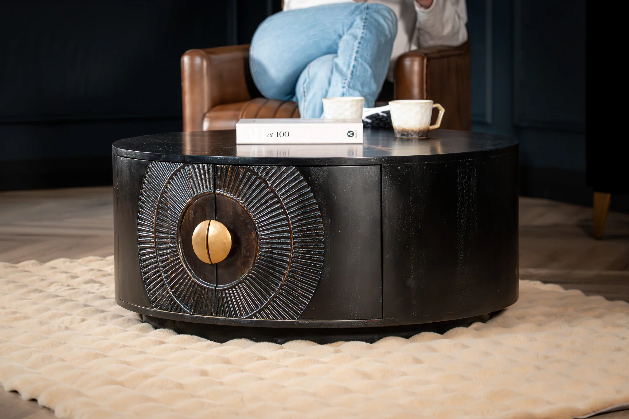 Solid Mango Wood Coffee Table with Storage Black 90 cm – Sunset Collection - Image 11