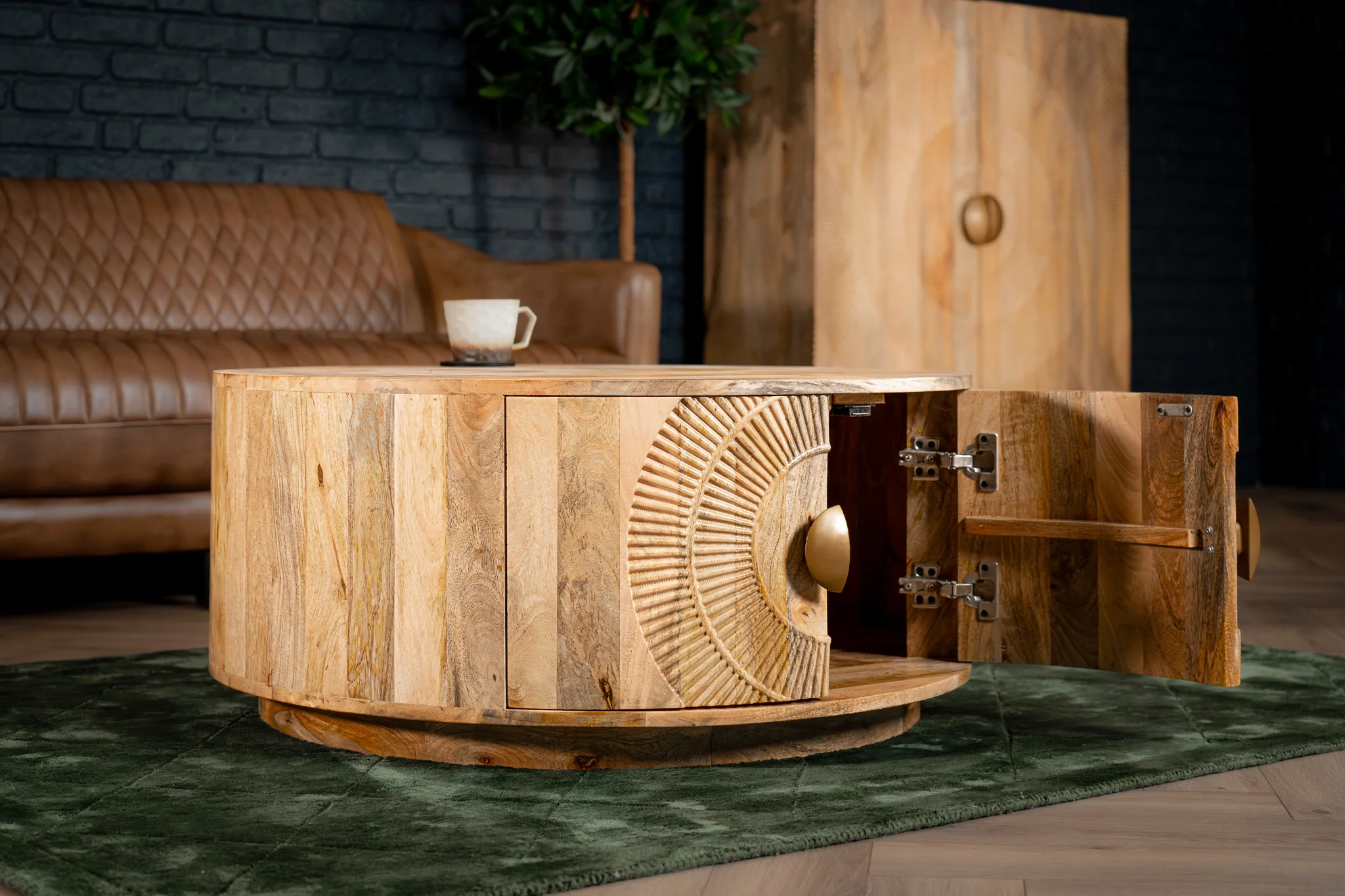 Solid Mango Wood Coffee Table with Storage Natural Brown 90 cm – Sunset Collection - Image 8