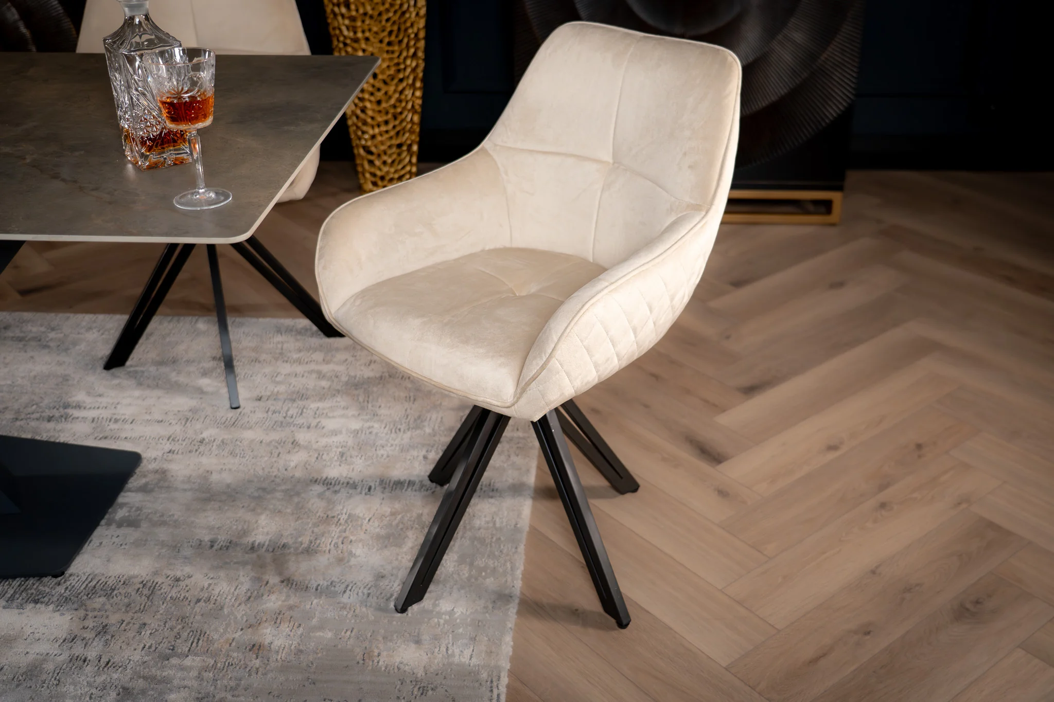 Velvet Swivel Dining Chair Beige with Black Legs – Terra