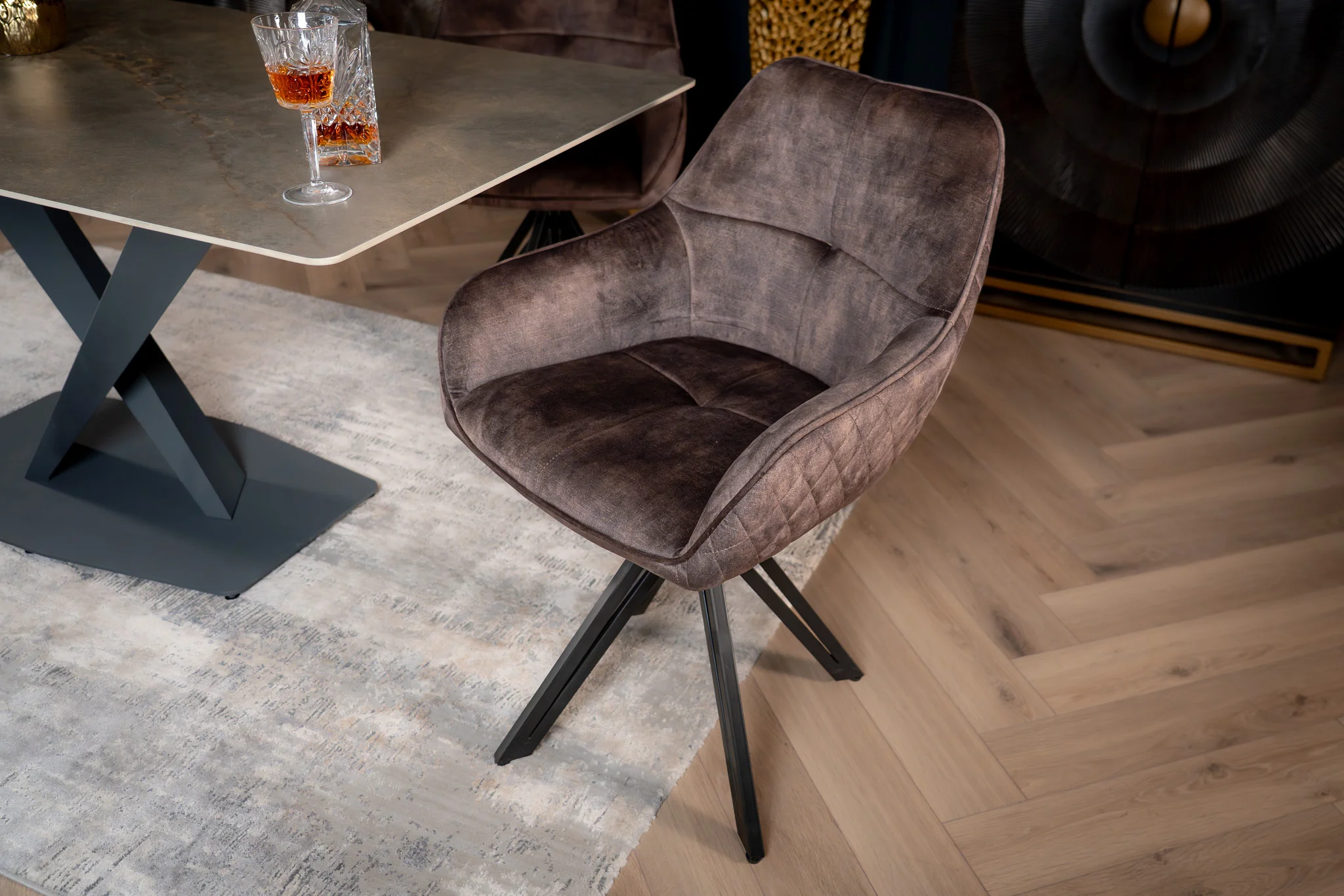 Velvet Swivel Dining Chair Grey Brown with Black Legs – Terra