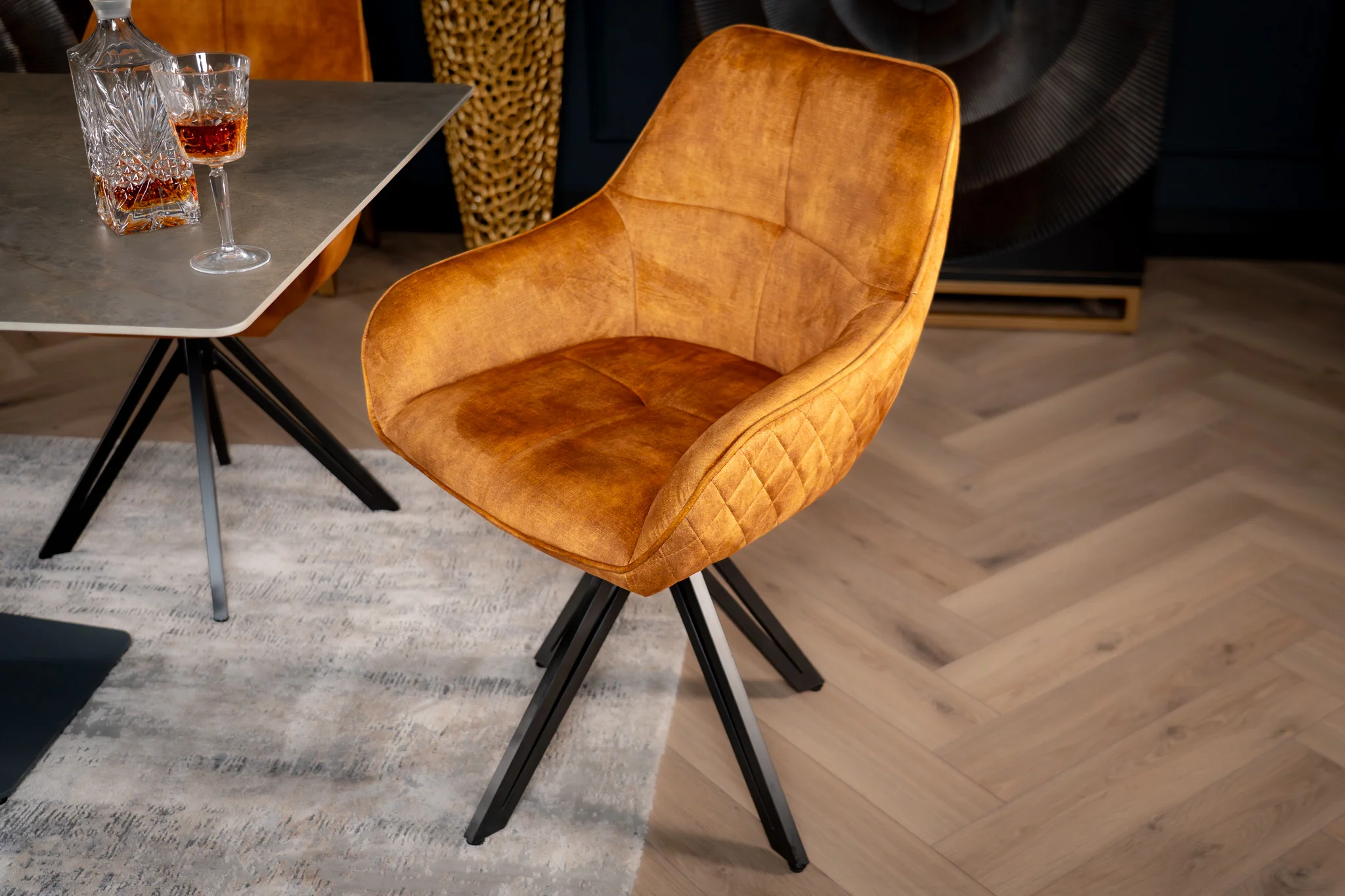 Velvet Swivel Dining Chair Mustard Yellow with Black Legs – Terra