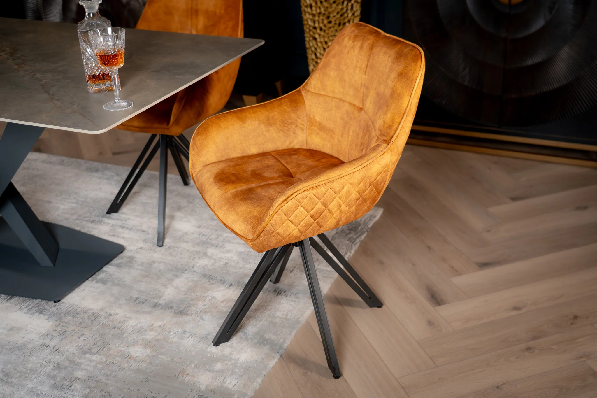 Velvet Swivel Dining Chair Mustard Yellow with Black Legs – Terra - Image 2