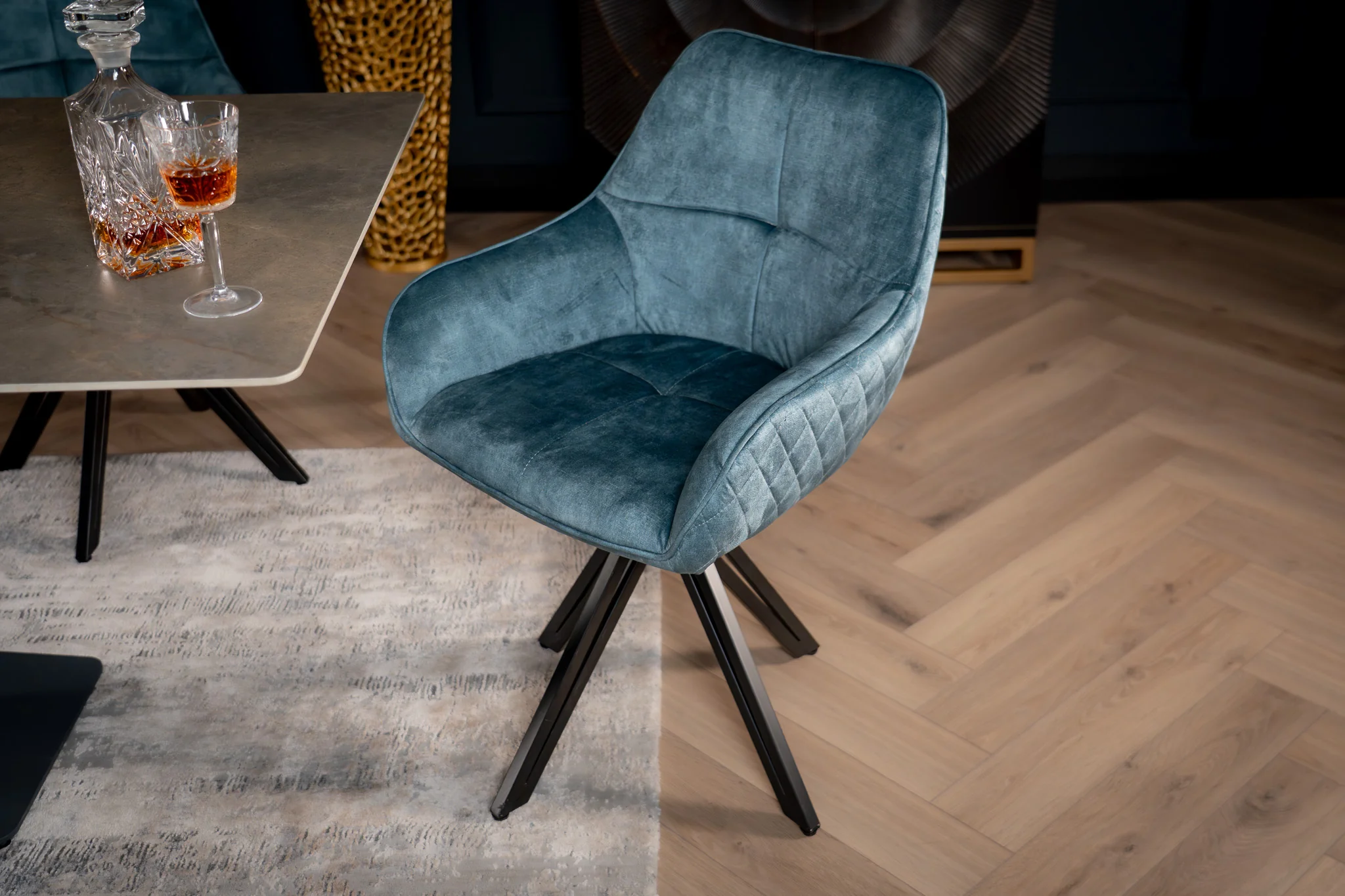 Velvet Swivel Dining Chair Petrol Blue with Black Legs – Terra