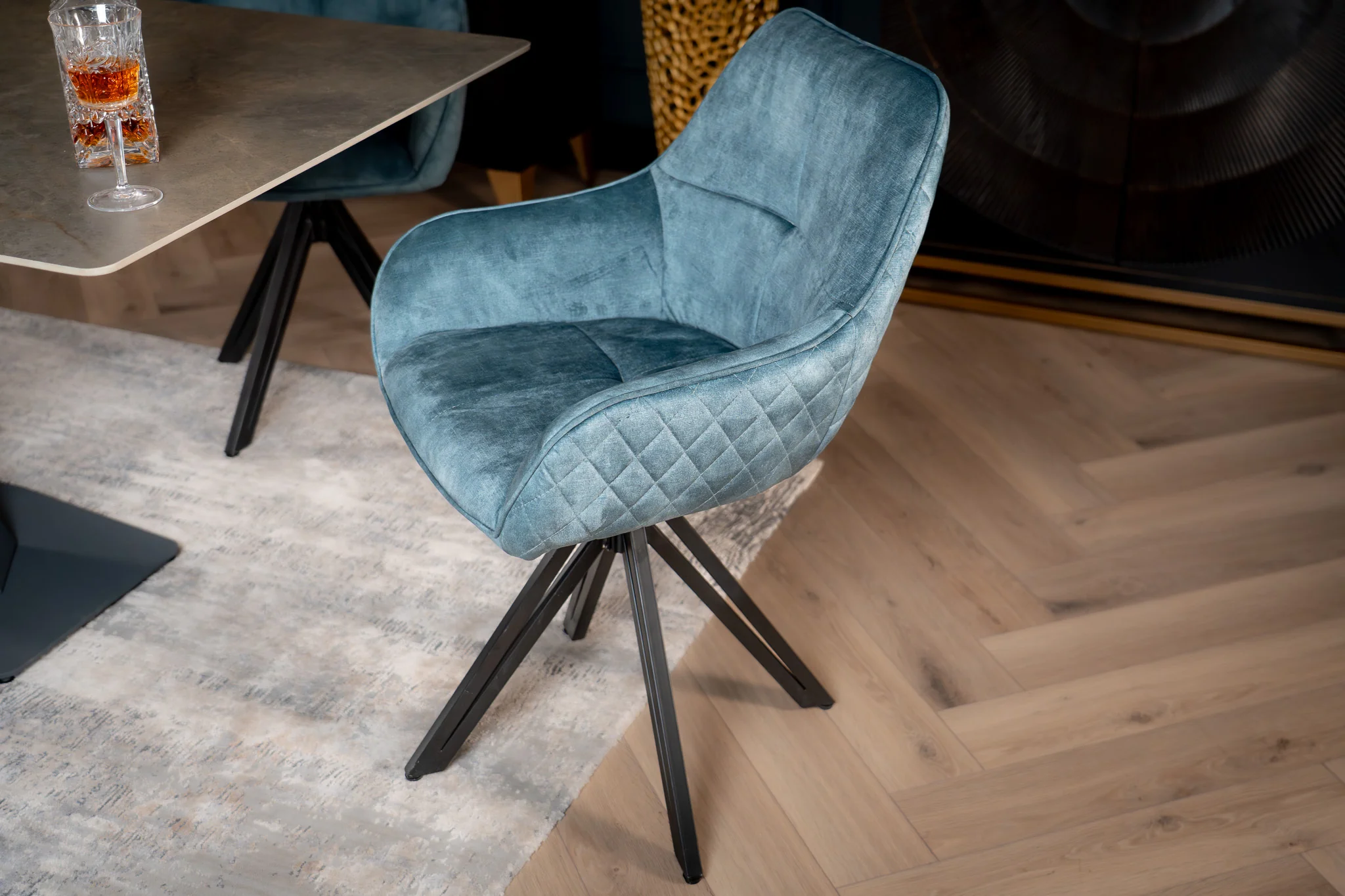 Velvet Swivel Dining Chair Petrol Blue with Black Legs – Terra - Image 2