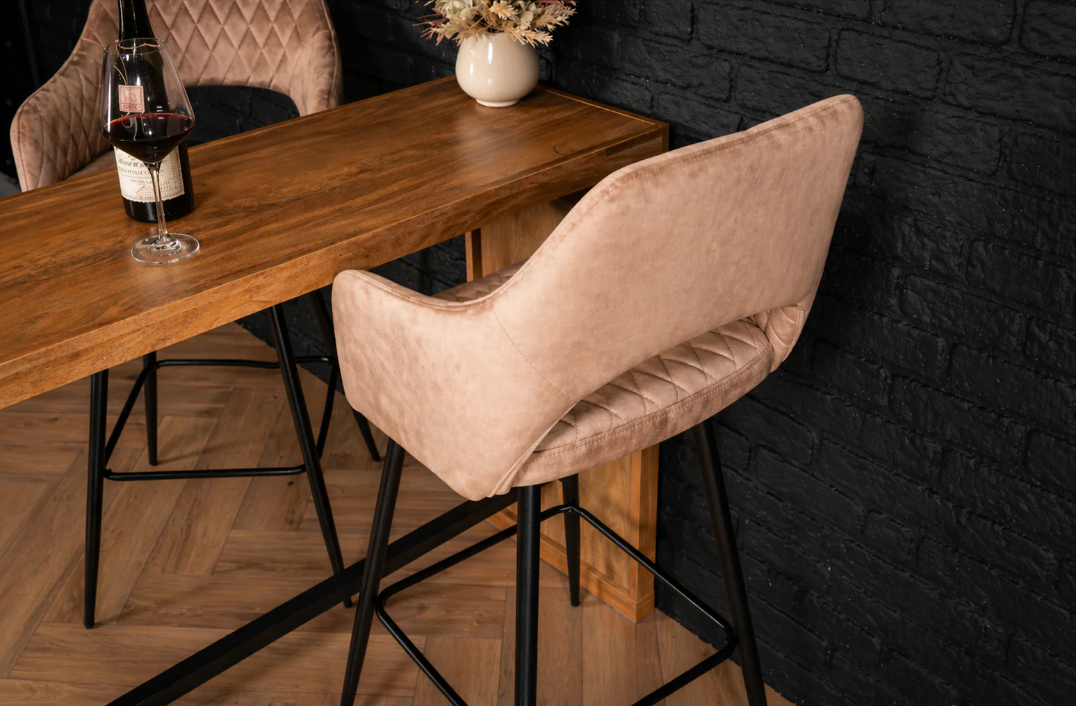 Velvet Bar Stool Champagne with Black Legs – Glamour - Image 4