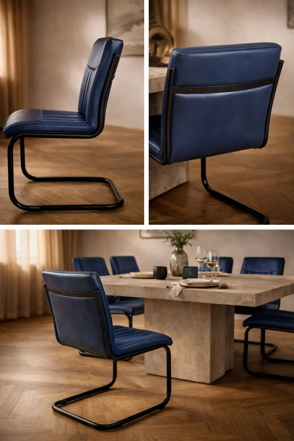 Genuine Leather Cantilever Dining Chair Petrol Blue – Veneto - Image 4
