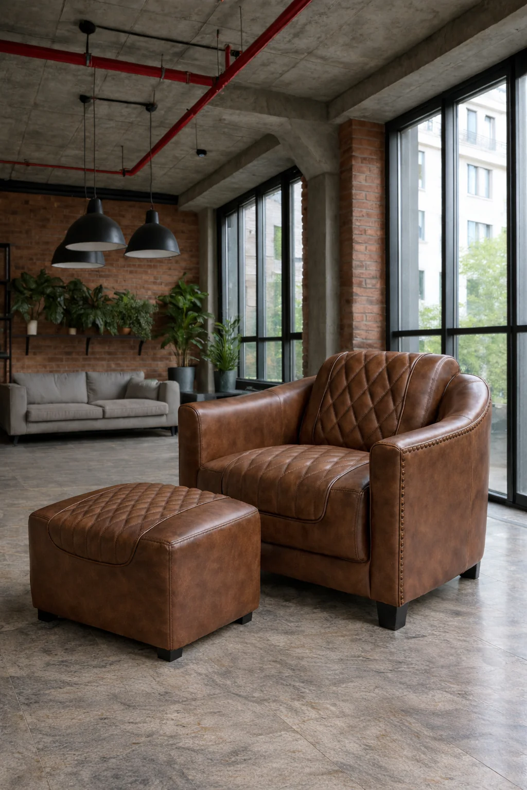 Vintage Brown Leather Footstool  Ottoman with Wooden Legs – Chicago Club - Image 3