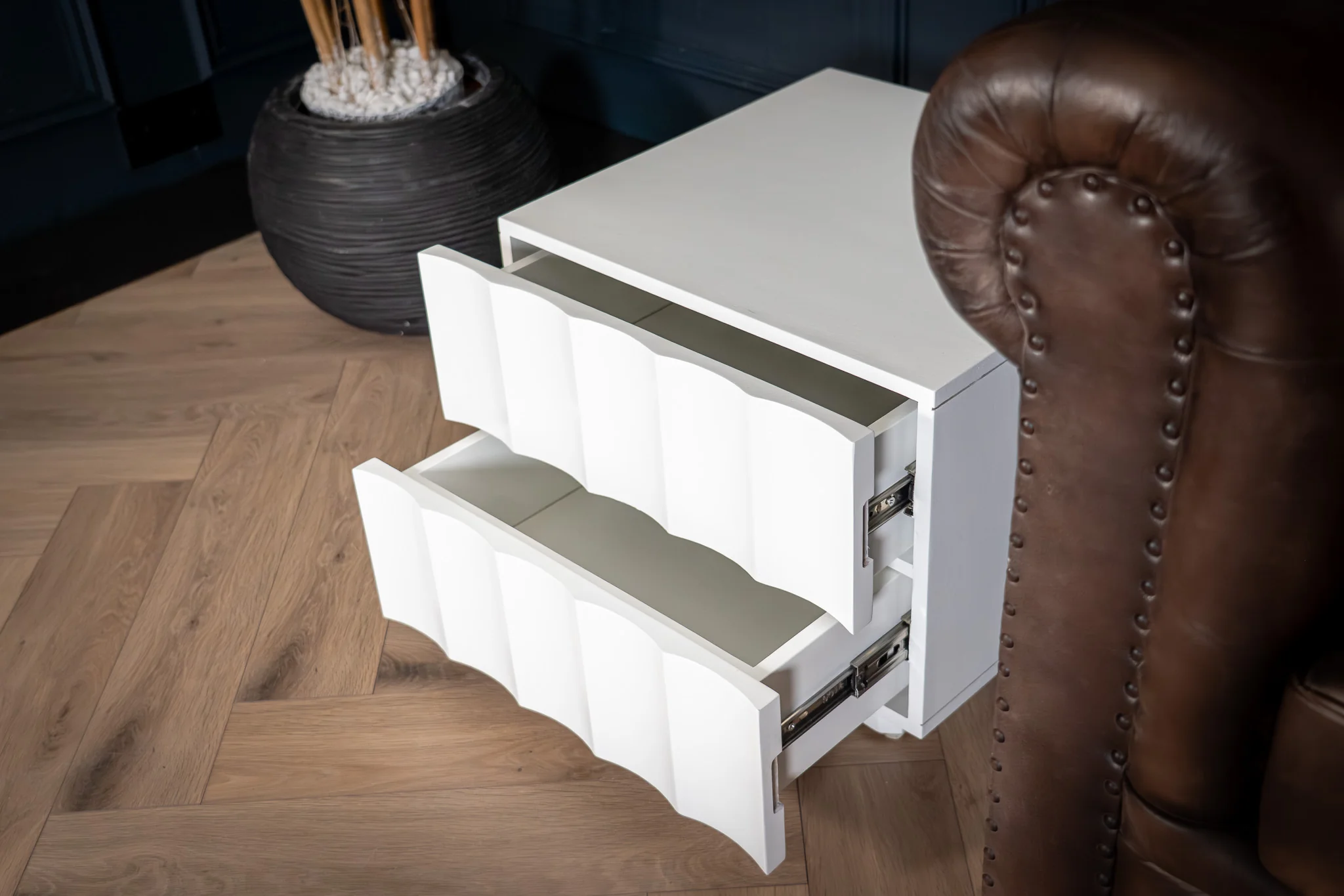 Solid Mango Wood Bedside Table 50 cm with 2 Drawers in White – Wave - Image 6