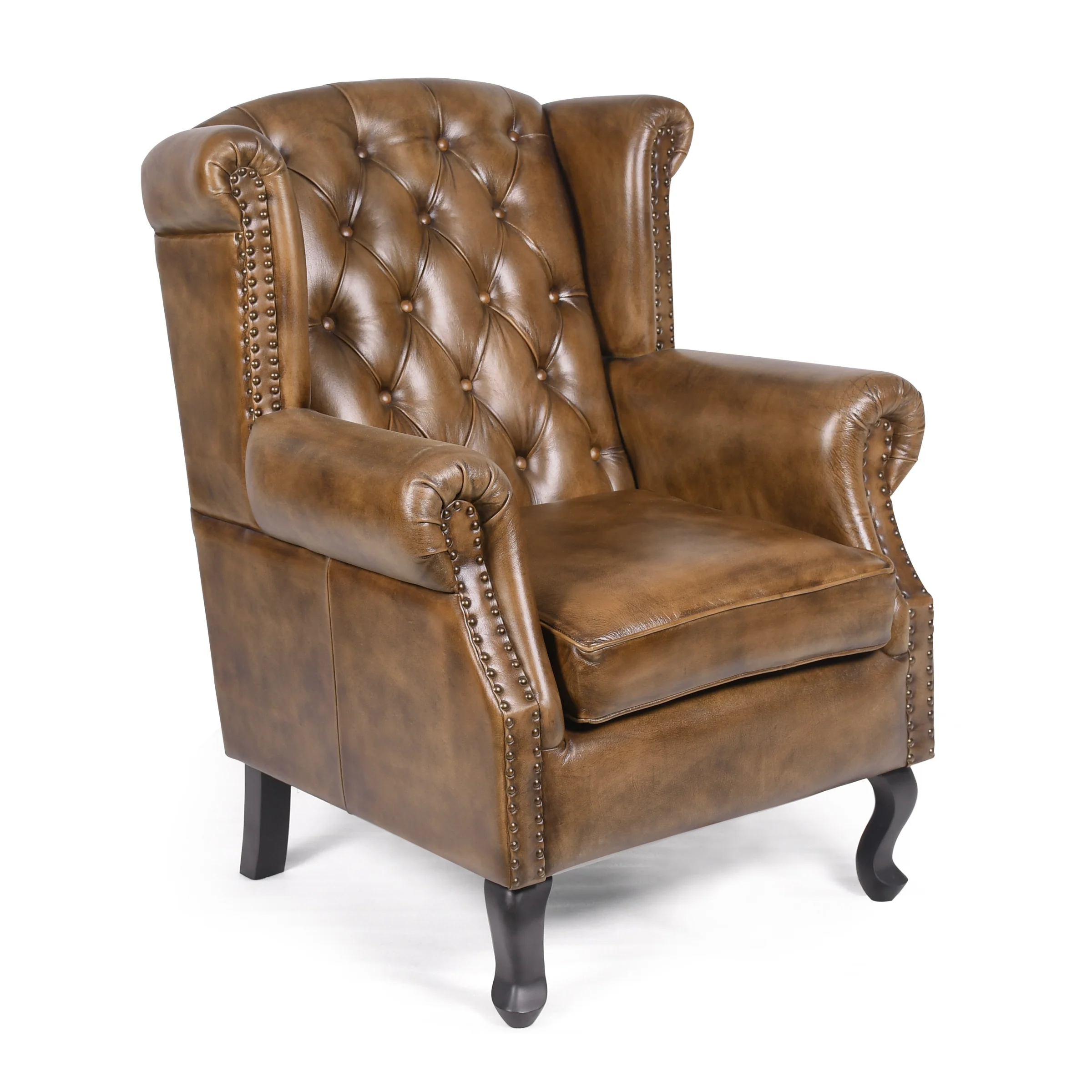 Chesterfield Genuine Leather Armchair Antique Brown with Wooden Legs – Wellington - Image 3