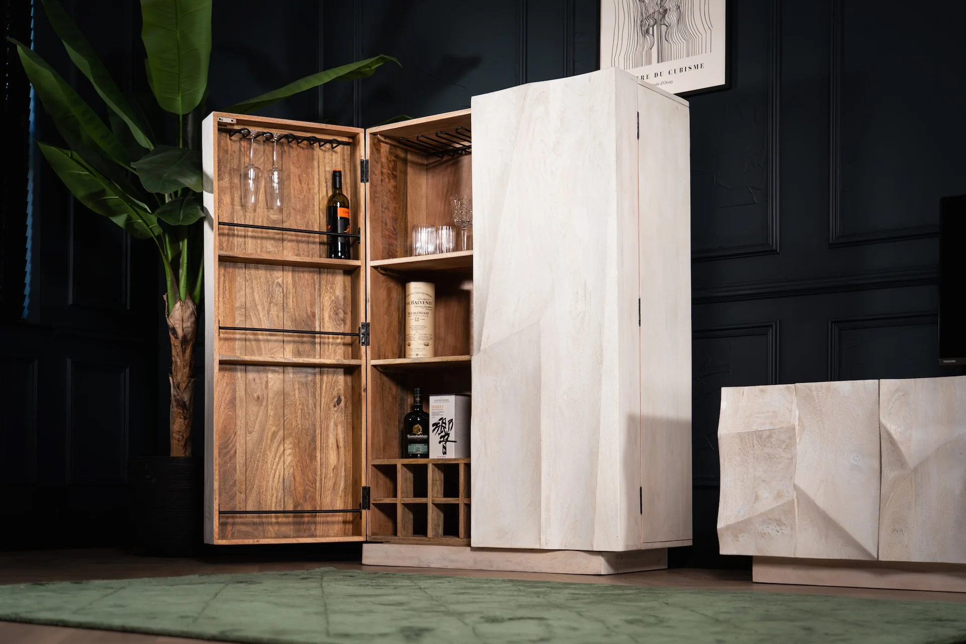 Solid Mango Wood Bar Cabinet with 3D Carved 140 cm - White Mountain White - Image 3