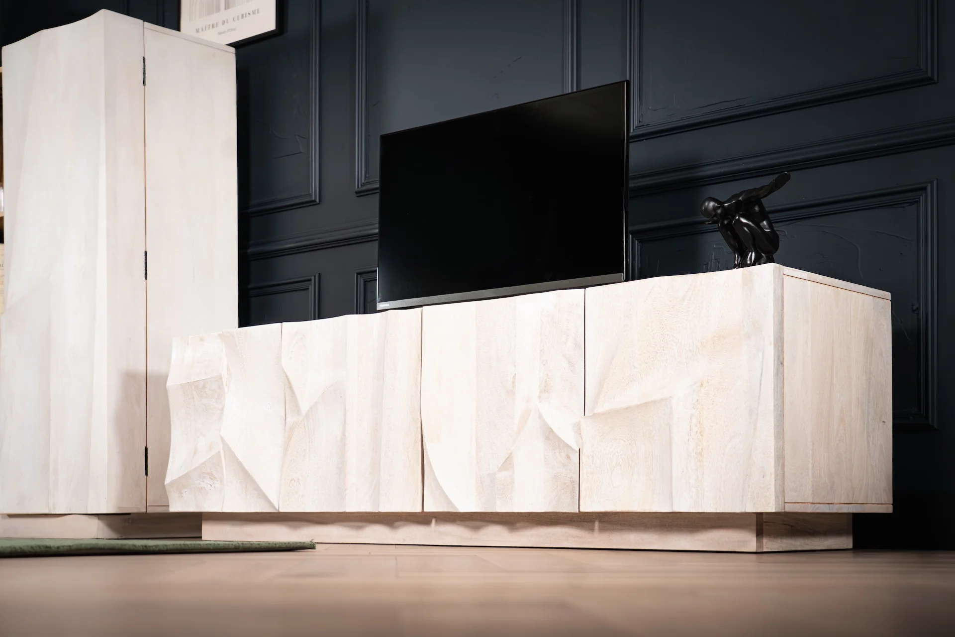 Solid Mango Wood TV unit White 170 cm – White Mountain 3D Carved Front - Image 3